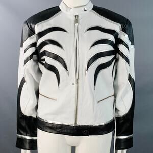 RETROFETE Size L Black White Silver Leather Padded Shoulders Zip Up Jacket